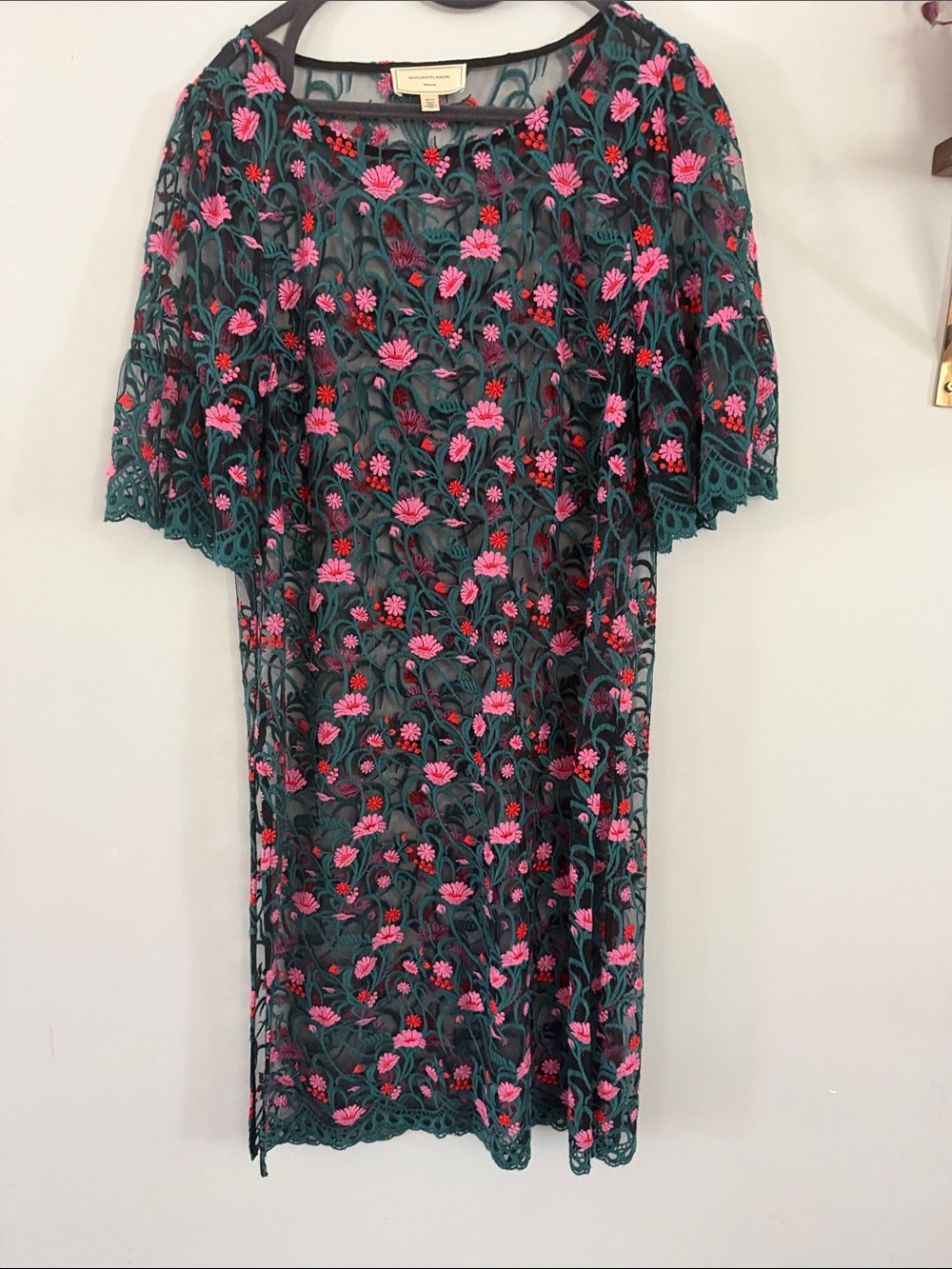 VERY VTG👀Moulinette Soeurs black Sheer Dress with Pink Floral Embroidery